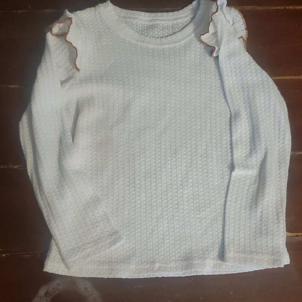 White Textured Long Sleeve Top with Ruffle Shoulder Trim